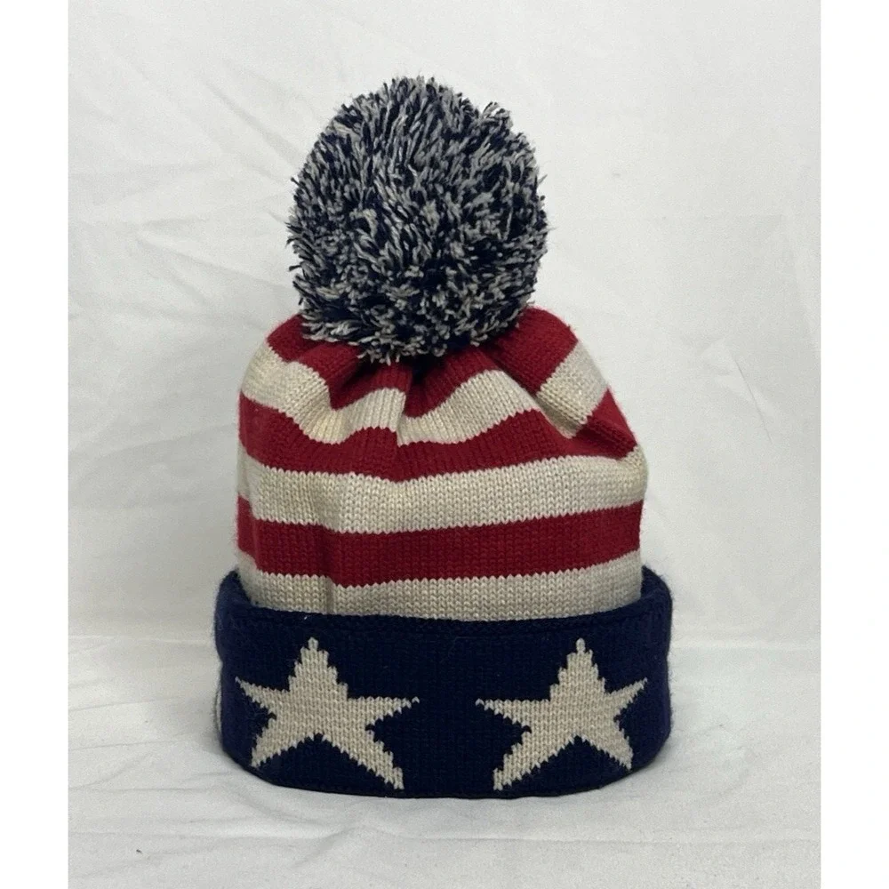 Pugs Patriotic Beanie Cap Red‎ White Blue Stars & Stripe Large Pom Pom - Unisex-
